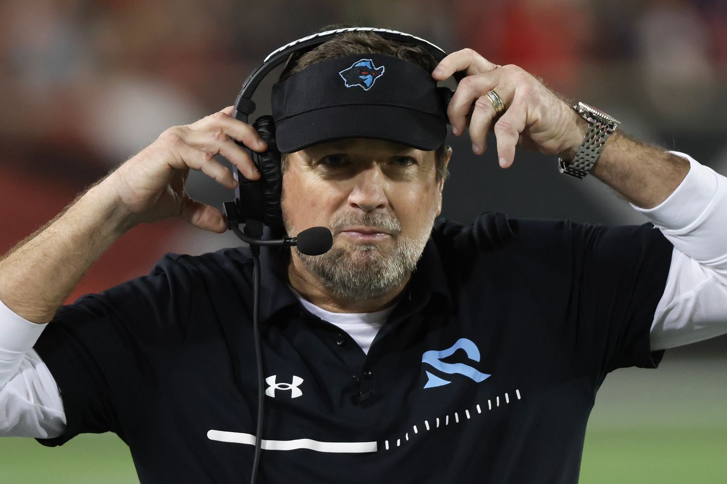 Feb 26, 2023; Houston, TX, USA; Arlington Renegades head coach Bob Stoops walks the sidelines against the Houston Roughnecks in the third quarter at TDECU Stadium. Mandatory Credit: Thomas Shea-USA TODAY Sports  